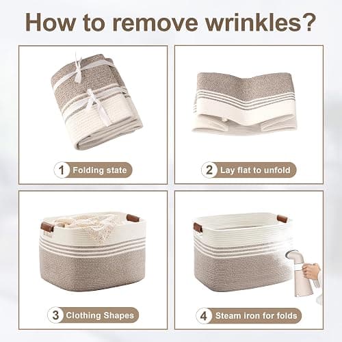 SunNewt 72L Large Laundry Basket with Leather Handles for Living Room Storage, Woven Rope Baskets Bin for Blanket, Gifts, Wicker Hamper for Bedroom Dirty Clothes, 22"x17"x12" White Brown thumbnail 6