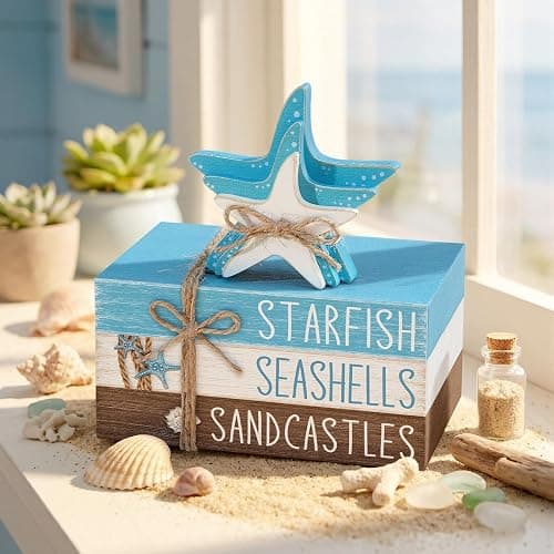 Geelin 4 Pcs Summer Beach Tiered Tray Decor Wooden Book Stack Signs, Starfish Seashell Coastal Nautical Table Centerpiece for Shelf Coffee Bar Home Kitchen Beach House Decorations thumbnail 8