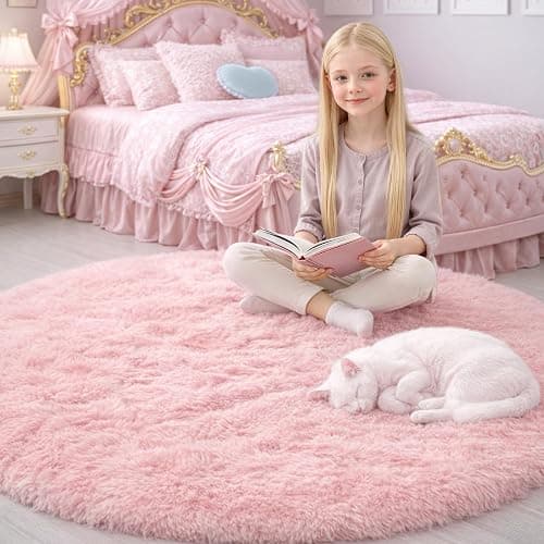 Tappeto rotondo rosa per camera da letto delle ragazze, soffice tappeto circolare 15,2 x 15,2 cm, per camera dei bambini, tappeto peloso circolare a pelo lungo morbido per dormitorio thumbnail 5