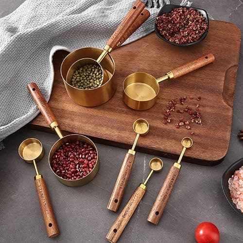 8Pcs Measuring Cups and Spoons Set - Golden Stainless Steel Measuring Cups with Wooden Handle, Metal Measuring Spoons Set Nesting Kitchen Measure Set for Kitchen/Food/Baking (8Pcs Wooden Handle) thumbnail 5