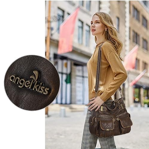 Angel Kiss Women's Designer Handbag Large Double Zipper Multi Pocket Washed Leather Purse thumbnail 3