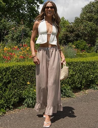 TARSE Women’s Plaid Wide Leg Pants Flared Leg Baggy Drawstring Ruffle Palazzo Pants with Pockets thumbnail 2