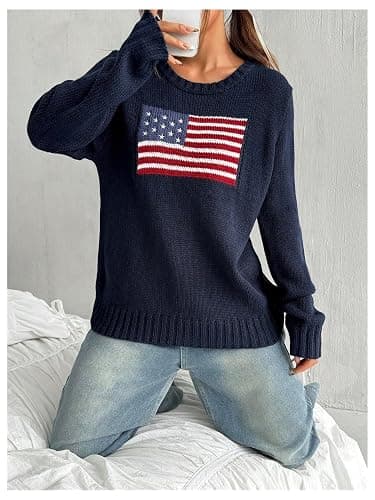 SweatyRocks Women's Flag Pattern Long Sleeve Round Neck Sweater Casual Loose Pullover Sweater thumbnail 5