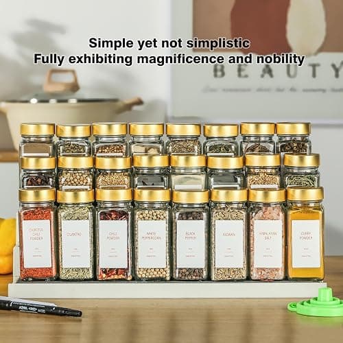 TESUNMU Gold Spice Jars with Label，4oz Seasoning Containers, Glass Spice Bottles with Shaker Lids,Funnel, Chalk Pen for Cabinet，Drawer，Rack(24) thumbnail 2