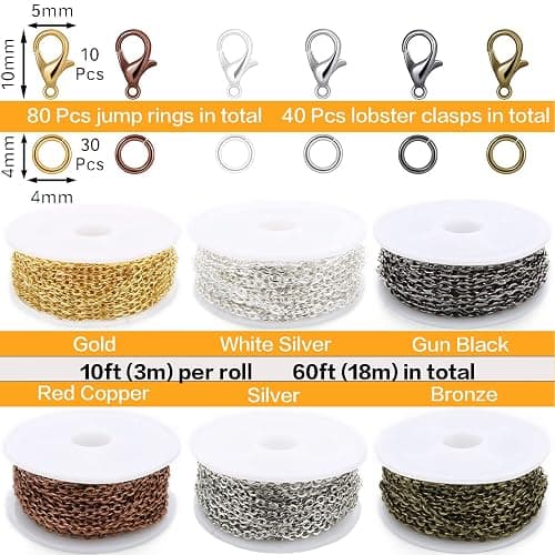 Jishi Chains Jewelry Making Supplies, 60ft Cable Link Chains for Making Jewelry Necklace Earring Bracelet Findings DIY Craft Kit for Adults, 6-Color 2mm Gold Silver Copper Plated Metal Link Rolls Bulk thumbnail 2