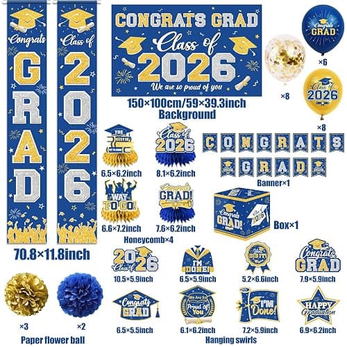 Graduation Decorations Class of 2026 Blue and Gold Graduation Decorations with Congrats Grad Banner,Backdrop,Porch Sign,Balloons,Hanging Swirls,Honeycomb Centerpieces,Box for Graduation Party Supplies thumbnail 5