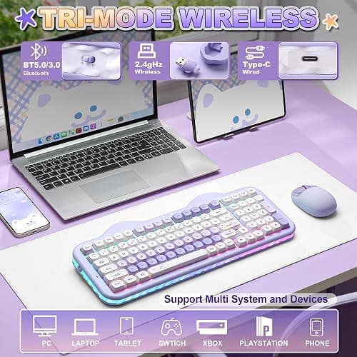 YUNZII C98 Wireless Mechanical Keyboard with Number Pad,99 Key BT5.0/2.4G/USB-C Hot Swap Gasket Mount with PBT MOA Keycaps,Custom RGB,Cute Cake Keyboard for Win/Mac (Purple, Candy Linear Switch) thumbnail 3
