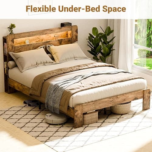 Zevemomo Full Size Bed Frame with LED Lights, Full Bed Frame with Headboard, Charging Station with 2 USB Ports & 2 AC Outlets, Sturdy Wood Framework, No Noise, Rustic Brown (Rectangular Slot) thumbnail 6