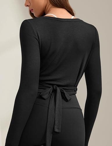 INGIA Womens V-Neck Long Sleeve Cross Wrap Top Slim Fit Soft Knit Layering Shirt Casual Yoga Gym Bandage Tie Tops thumbnail 5