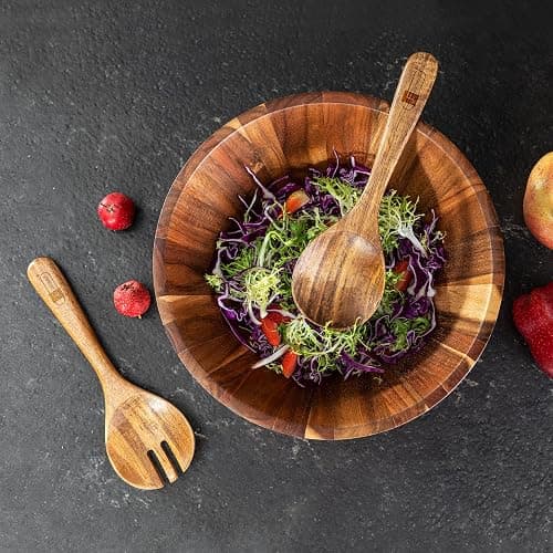 JF JAMES.F Wooden Salad Bowl, 12'' Acacia Wood Large Salad Bowl Set Big Salad Serving Bowl with Serving Utensils thumbnail 7