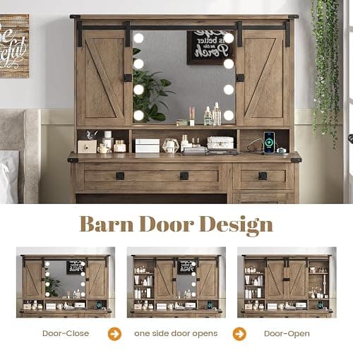 AOGLLATI Makeup Vanity with Lights & Barn Doors, Vanity Desk with Mirror and Lights & Charging Station, Farmhouse Brown Vanity Table with Jewelry Hooks and Open Storage Shelves thumbnail 3
