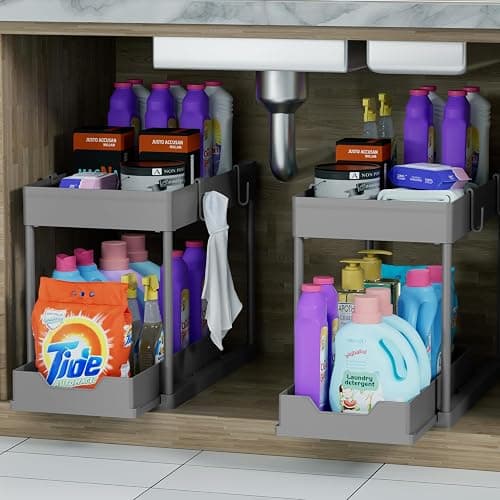 DEKAVA Untertisch-Organizer, 2 Stück, Badezimmer-Schrank-Organizer, 2 Etagen, Schiebetürkorb, Organizer, Schublade, Mehrzweck-Badewannensammelkörbe für Badezimmer (grau) thumbnail 5
