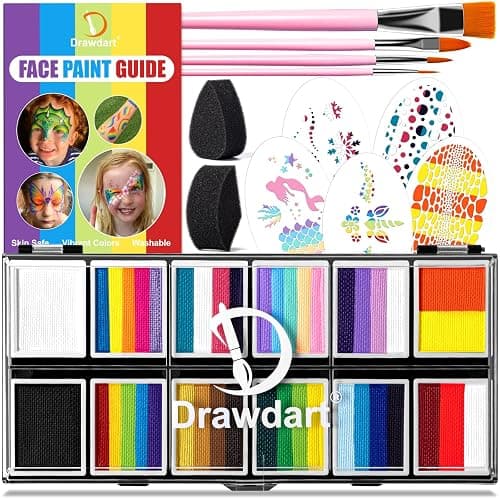 Drawdart Professional Face Painting Kit for Kids & Adults, Split Cake Face Paint Palette 12 x 10gm with Stencil, One Stroke Non Toxic Rainbow Body Paint Set for Halloween & Christmas Makeup - Image 1