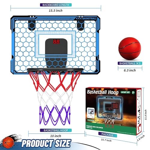 Molutsody Indoor Basketball Hoop for Kids - Over The Door Mini Basketball Hoop with LED Light & Scoreboard, Includes 3 Balls & Air Pump - Basketball Toys Gifts for 4-12 Year Old Boys Girls (Blue) thumbnail 4