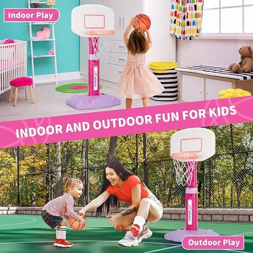 Toddler Basketball Hoop Indoor for Age 1-3, Adjustable Kids Basketball Hoop, Mini Basketball Hoops with 3 Balls for Outdoor Poolside, Birthday Christmas Sport Toys Gift for Baby Boy Girl 1 2 3 4, Pink thumbnail 3
