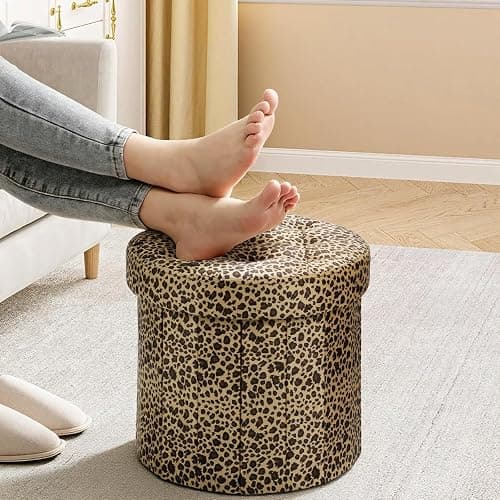 AmasSmile Storage Ottoman Folding Foot Rest Stool, 14x14x13 inch Small Velvet Footstool Bench, Short Ottoman Bench, Storage Foot Rest Store, Blanket Chest, Leopard Print thumbnail 3