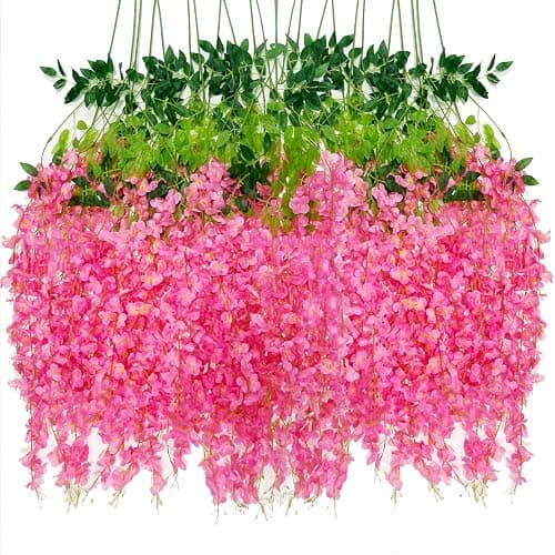 WONICE Artificial Wisteria Hanging Flowers-Fake Wisteria Flower Garland Silk Vines Rattan Decor for Home Wedding Arch Wall Garden Greenery Bedroom Outdoor Office Party Decoration(36, Dark Pink) - Image 1