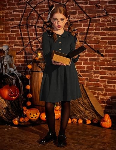 Arshiner Girls Long Sleeve Dress Fall Winter Ruffle Peter Pan Collar Front Button Casual Cotton Dresses thumbnail 3