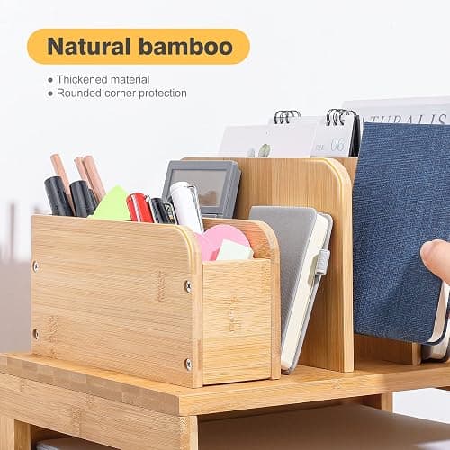 Homde Bamboo Desk Organizer with File Holder, Office Organization for Desks with Adjustable Pen Holding, Desktop Letter Paper Tray Storage for Workplace Home School (3-Tier,Natural) thumbnail 4