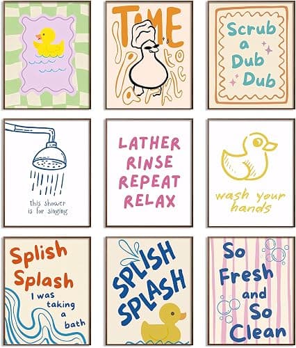 JBZDD 9 Pcs Funny Kids Bathroom Wall Art Prints, Retro Preppy Rubber Duck Canvas Poster Wall Decor, Colorful Whimsical Duck Decorations for Kids Nursery Toddler Washroom Toilet, 8x10 Inch Unframed - Image 1