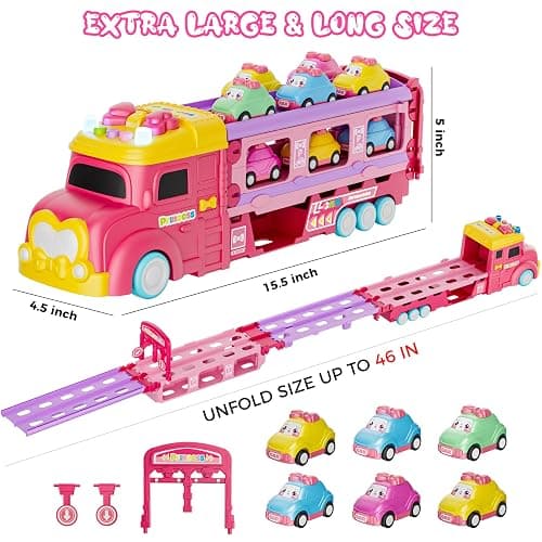 Funwee Car Toys for Age 2 3 4 5 6 7 Year Girl Toddler, Foldable Track & 2 Player Race Mode Game, Light & Sound Push Transport Carrier Truck W/ 6 Princess Car, Birthday Gift Idea for Kid thumbnail 3