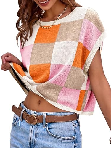 Saodimallsu Womens Cap Sleeve Crop Tops Summer Color Block Going Out Crew Neck Knit Trendy Casual Sweater thumbnail 3
