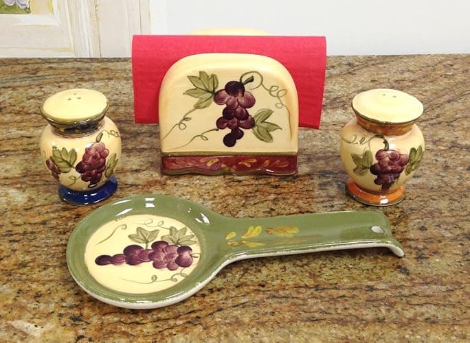 ACK Tuscany Grapevine Hand Painted Ceramic Table/Stove Top Set of 4PCs, Pepper and Salt Shakers,Napkin Holder and Spoon Rest, Kitchen Décor thumbnail 2