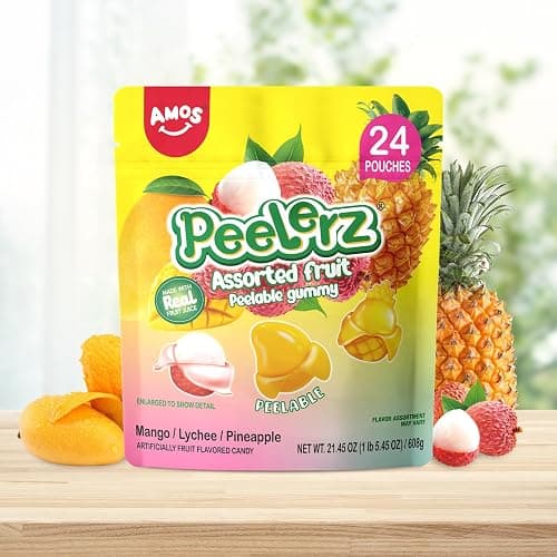 Amos Peelerz Assorted Peelable Gummy Variety Pack – Mango, Lychee & Pineapple | 24 Individually Wrapped Packs (608g) | Fun, Chewy, Shareable Treat thumbnail 5