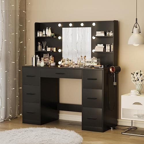 Furmax Vanity Desk with Mirror, LED Lights and Power Outlet Makeup Vanity Table with 7 Drawers and 6 Storage Shelves Dressing Table for Bedroom Dressing Room (Black) thumbnail 2