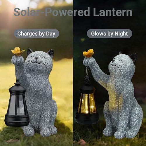 Elegondrar Solar Cat Garden Statue Outdoor Decor, Cat Sculpture with Lantern and Butterfly for Yard Lawn Patio Balcony, Christmas, Birthday Housewarming Gifts for Mom, Grandma, Women, 9.4 inch, Resin thumbnail 4