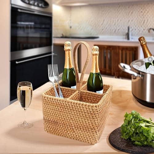 Natural Wicker Utensil Caddy with Built-in Handles，Wicker Silverware Caddy with 4 Compartments，Spoon Cutlery Holder Utensils Organizer，Condiment Organizer Silverware Holder(7.09 * 5.12 inch) thumbnail 6