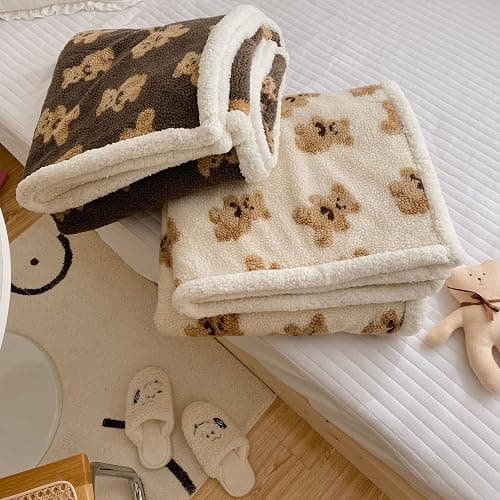 HOKMAH Cute Bear Fleece Thick Warm Blanket for Winter, Kawaii Bear Sherpa Throw Blanket for Sofa, Cozy Luxury Plush Bed Blankets (White,28x40) thumbnail 7