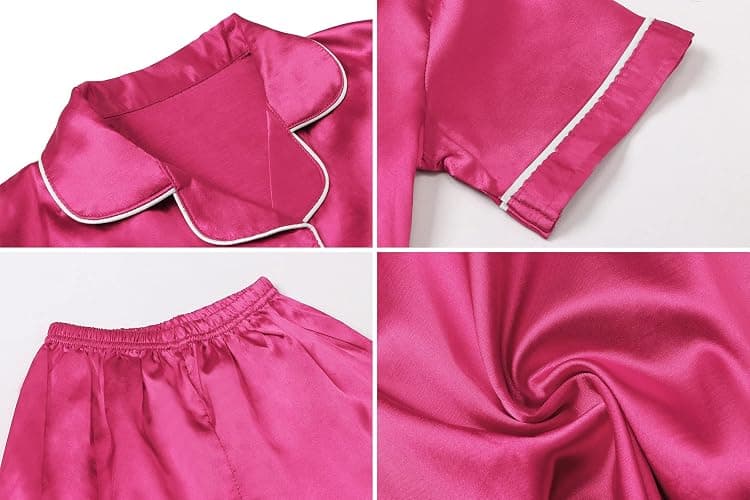 Umeyda Women & Girls Pajamas Set, Soft Satin Lightweight Silk Button-Down Top with Shorts 2 Piece PJS for Mom Boys Kids Gifts thumbnail 7