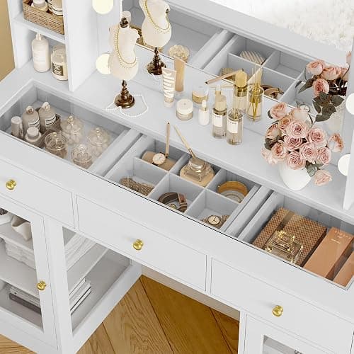 Wodeer Makeup Vanity Desk with Mirror and Lights, White Vanity with Glass Top, LED Lights & Power Outlet, 3 Drawers & 2 RGB Glass Cabinets, Adjustable Lighted Dressing Table for Women & Girls Bedroom thumbnail 6