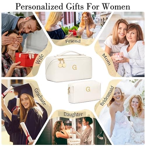 CLOUDWINGS Birthday Gifts for Women Teen Girl, Personalized Initial Makeup Organizer Bag Set, Open Flat Travel Cosmetic Bag With Clear Divider and Handle(Beige,G) thumbnail 3