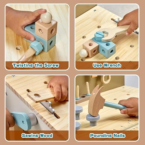 Kids Tool Set,Wooden Tools Bench with Apron Toddler Toy Workbench with Realistic Tools Electric Drill STEM Construction Toy Gifts for Age 3-9 Boys Girls thumbnail 5