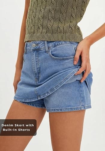 Women’s Stretchy Denim Skort Skirt with Built-in Shorts, High Waisted Casual Y2KJean Mini Skirt thumbnail 3