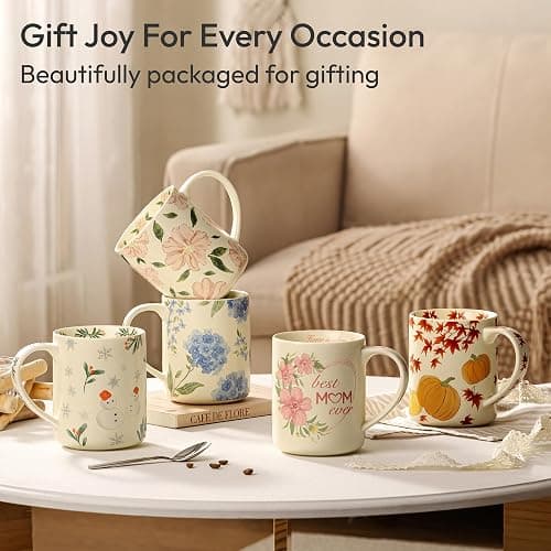 LINVIA 18 oz Large Ceramic Coffee Mug, Porcelain Tea Cup with Big Handle | Garden Floral Teacup, Microwave Dishwasher Safe (Winter, Christmas Tree and Snowman) thumbnail 8
