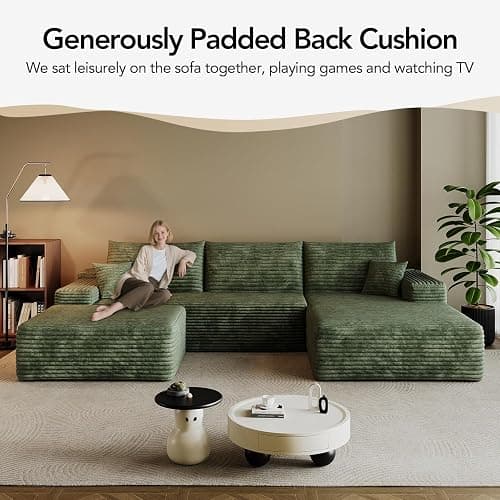 inoevl 107.7" Boneless Sectional Couch Modern Modular U - Shape Corduroy Upholstered Sofa for Living Room - Deep Seat with Chaise and Ottoman(Green, 2 Seater+Right Facing Chaise+Ottoman) thumbnail 6