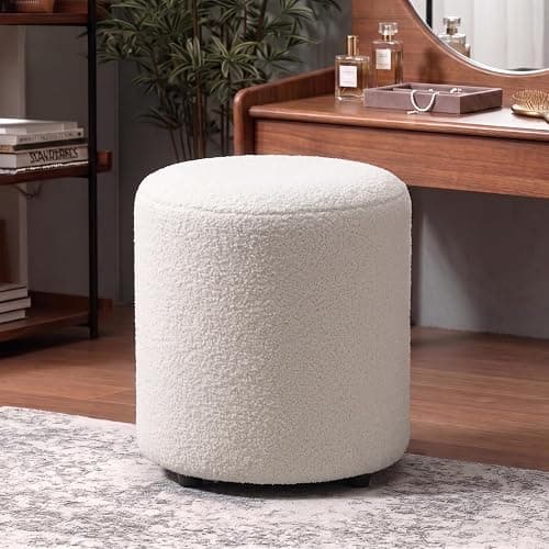 gusohey Modern Round Vanity Stool, Small Ottoman, Cute Fabric Foot Stool, Teddy Fleece Footrest, Upholstered Vanity Chair, Stool for Makeup, Bedroom, Living Room (1, Round-White) - Image 1