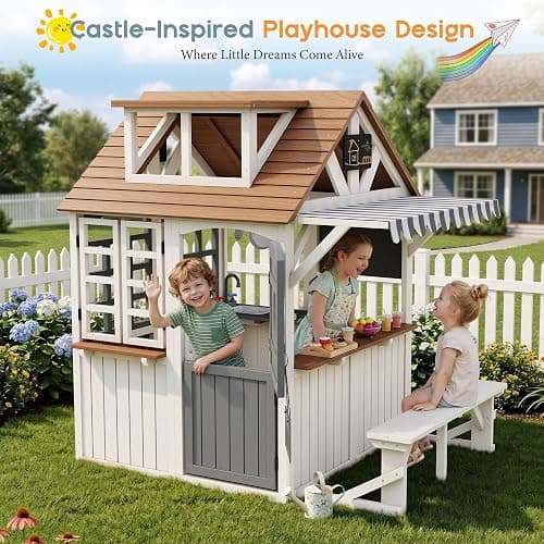 Albott Outdoor Wooden Playhouse with Kitchen Playset, Backyard Cottage Playhouse for Kids with Bench, Awning, Chalkboard, Pet Door and Dutch Door, Pretend Play House for Boys and Girls Ages 3-8 thumbnail 2