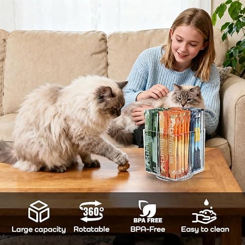 Lickable Cat Treats Organizer, Lazy Susan Acrylic Squeeze Up Cat Treats Storage Organizer with 4 Compartments, Wet Cat Food Storage Container for Kitchen Cabinet Pantry Shelf Countertop（Square） thumbnail 4