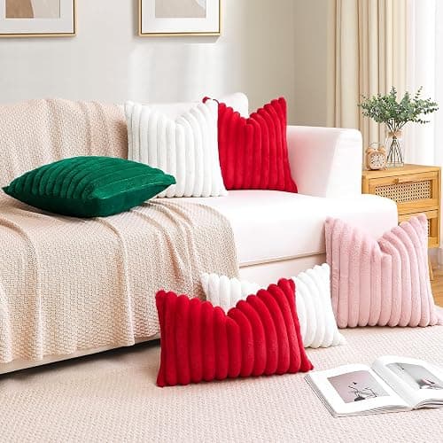 Sungeek Set of 1 White Faux Rabbit Fur Cushion Cover 40x40 cm, Soft Cozy Plush Striped Decorative Throw Pillow Covers 16x16 Inch Velvet Square Pillowcases for Sofa Bedroom thumbnail 2