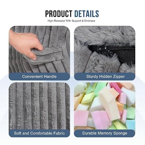 6 FT Bean Bag Chair,6' Big Bean Bag,Giant Bean Bag Chairs for Adults | Comfy Large Beanbag Chairs with Memory Foam Filled,Soft Bean Bag Sofa with Machine Washable Corded Plush Cover-Grey thumbnail 7