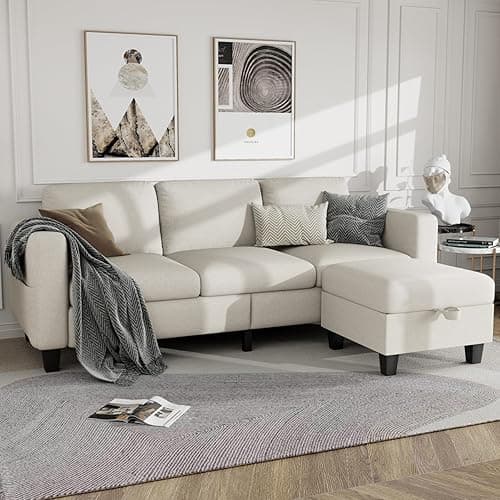 Clotius Sectional Sofa Couches for Living Room - L Shaped Cloud Couch-Small Modular 3 Seat-Comfy Linen with Storage Deep Seat Sofa,Washable Covers-Suitable for Living Room-Apartment-Office-Beige - Beige-linen
