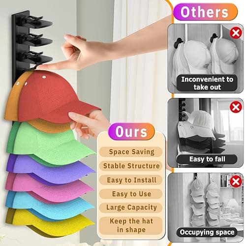 Volnamal Hat Organizer for Baseball Caps, 2 Pack Hold Up to 40 Hats | Hat Rack for Wall Space Saving, Hat Hanger w/Strong Adhesive Hat Storage Holder Display for Closet Door and Wall (Black) thumbnail 4