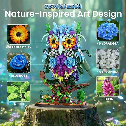 JOJO&Peach Floral Owl Toy Building Set for Adults Women, Gifts for Girl 10+ | Decor for Home or Office, Birthday Gift for Mom Wife Girlfriend or Teens, Buildable Flower Animal Collectible Model, 1309 PCS thumbnail 2