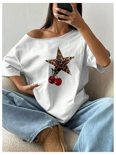 RoseSeek Women's Oversized Off Shoulder Graphic Tees Short Sleeve Bow Letter Print T Shirts Y2K Tops thumbnail 3