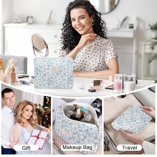 Gosect Floral Makeup Bag, Large Cosmetic Bag for Women Girls, Cute Cotton Make up Pouch, Quilted Makeup Bags, Flower Travel Toiletry Organizer Bag(Blue Floral) thumbnail 6