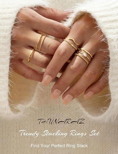 THUNARAZ 8Pcs Stackable Rings for Women Non Tarnish 14K Gold Plated Stainless Steel Dainty Rings Set Minimalist Thin Thumb Ring Cubic Zirconia Wave Statement Ring Bands for Women Size 5-10 thumbnail 4